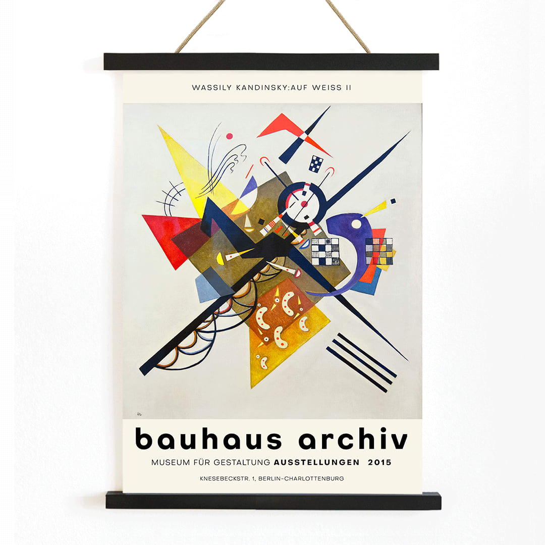 Abstract artwork Auf Weiss II by Wassily Kandinsky with geometric shapes and vibrant colors displayed at Bauhaus exhibition and featured on Bauhaus Archiv poster for Gestalt exhibition at Berlin museum, with wooden magnetic frame on white background