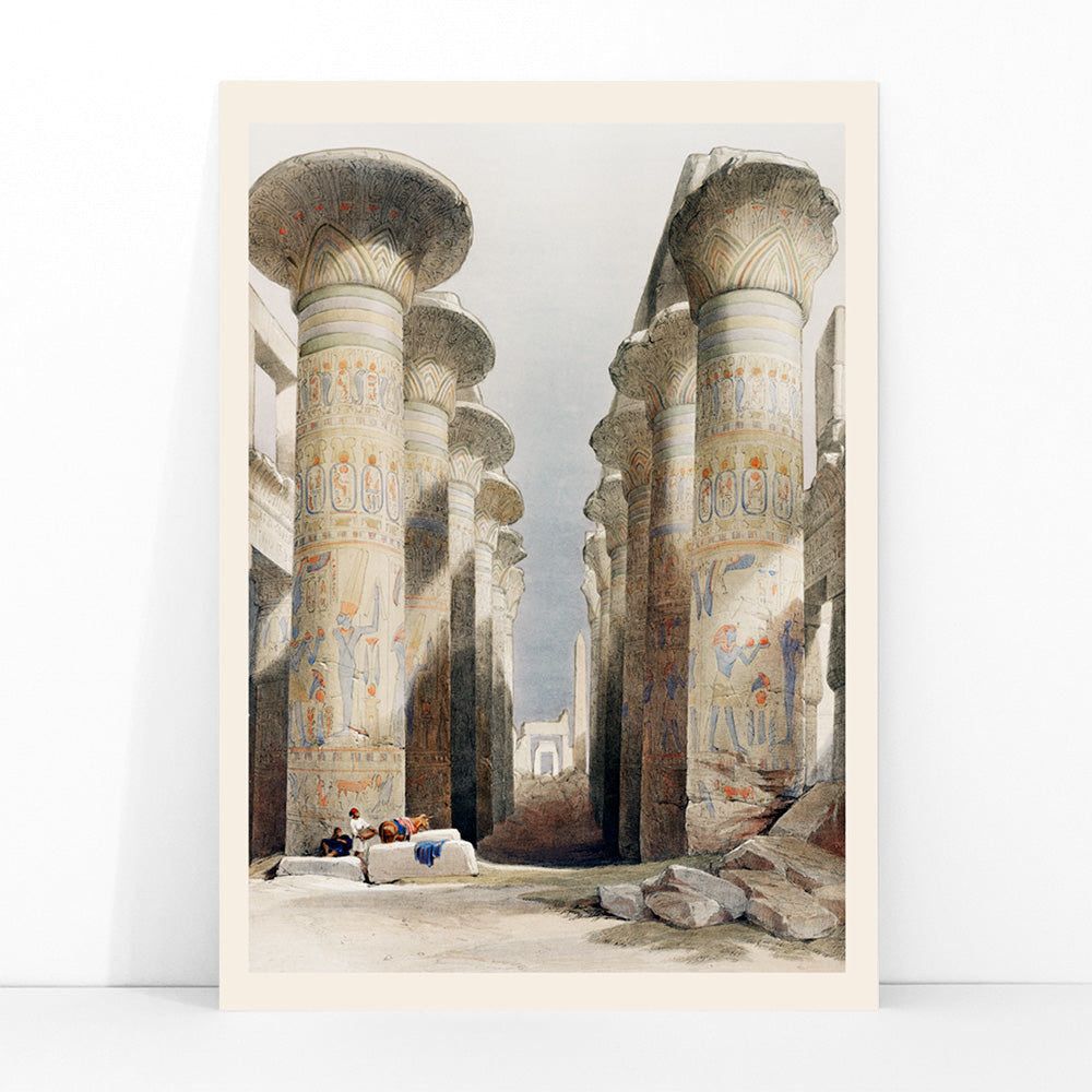 Ancient Egyptian columns and hieroglyphs in Great Hall at Karnak temple in Thebes artwork and poster illustration by David Roberts showing ruins, framed and displayed in modern living room decor