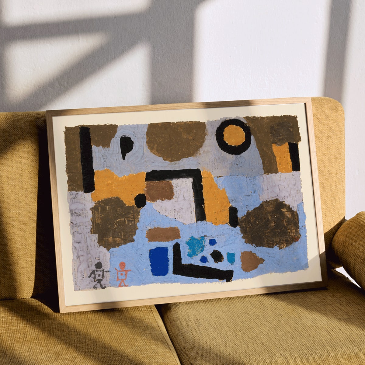 Abstract geometric art in blue and brown earthy tones by Paul Klee titled With the Two Lost Ones poster, framed and displayed in modern living room decor