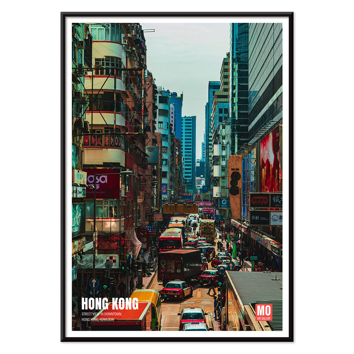 Bustling city street scene in Kowloon Hong Kong poster by Mo Art Gallery, with black aluminium frame on white background