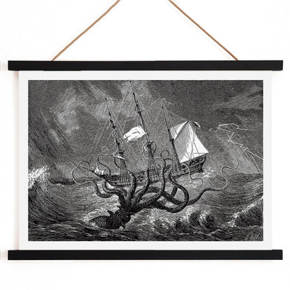 The Kraken attacking a ship in stormy seas sea monster poster titled The Kraken as seen by the eye of imagination, with wooden magnetic frame on white background