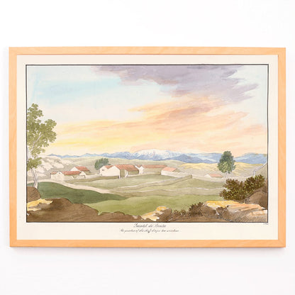 Serene landscape of rural buildings at sunset in Quintel do Brula by Charles Hamilton Smith with houses trees mountains and colorful sky poster, framed and displayed in modern living room decor
