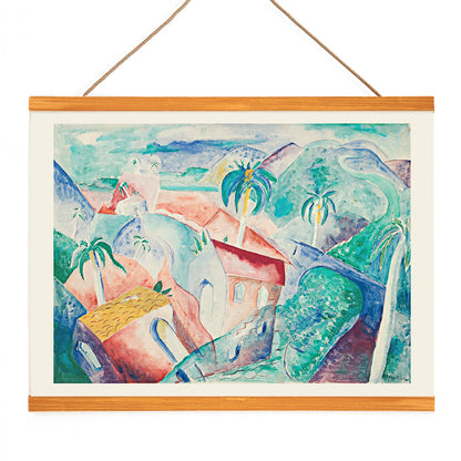 Colorful abstract Cuban landscape painting by Paul Gaulois featuring palm trees and vibrant houses in a tropical scenic setting poster, with wooden magnetic frame on white background