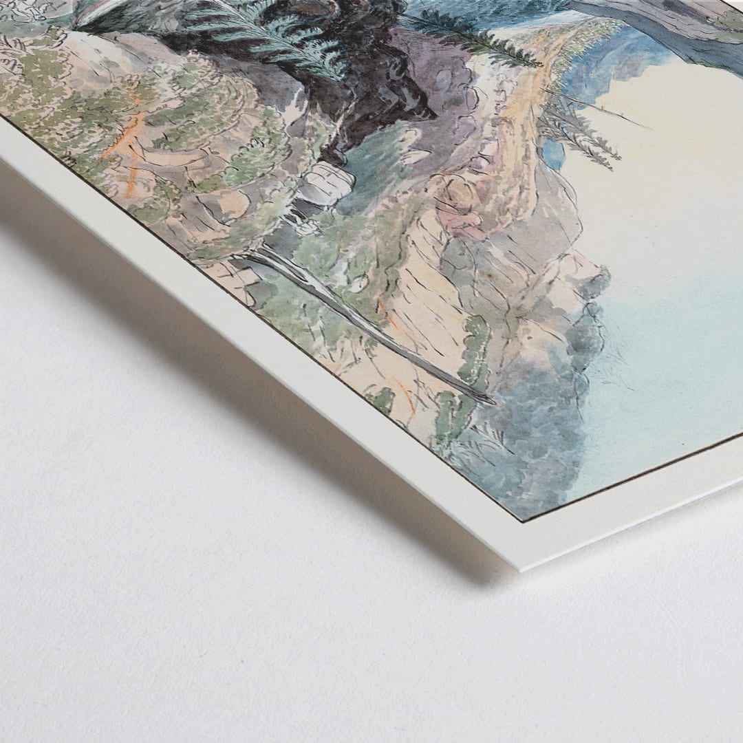 Closeup detail of Portage in Hoarfrost River by Charles Hamilton Smith painting and poster showing a scenic river landscape with rugged cliffs trees and a serene rocky canyon