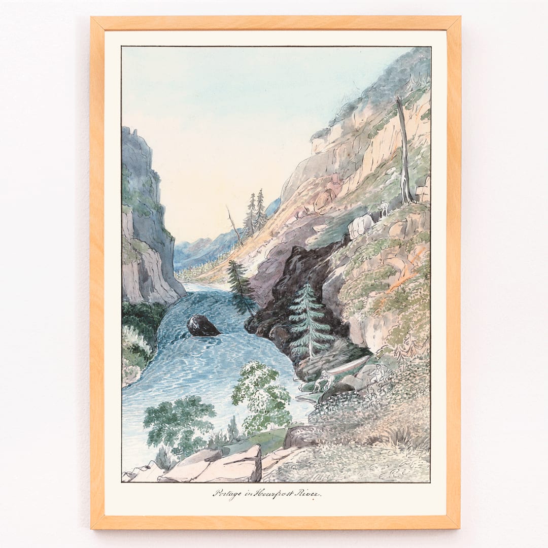Portage in Hoarfrost River by Charles Hamilton Smith painting and poster showing a scenic river landscape with rugged cliffs trees and a serene rocky canyon, framed and displayed in modern living room decor