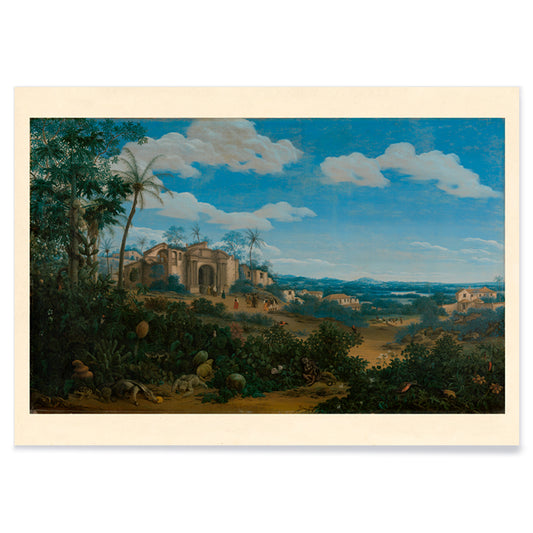 Poster of lush landscape and historic colonial buildings in View of Olinda Brazil by Frans Jansz Post, with black aluminium frame on white background