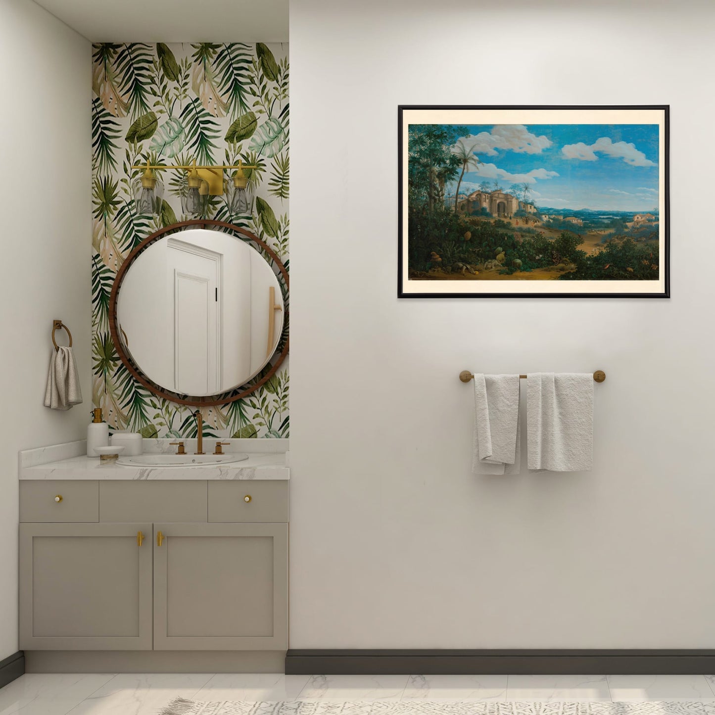 Poster of lush landscape and historic colonial buildings in View of Olinda Brazil by Frans Jansz Post, framed and displayed in home decor