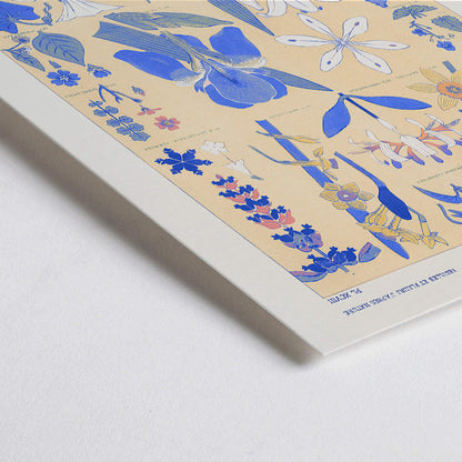 Closeup detail of Blue set of leaves and flowers by Owen Jones botanical illustration poster featuring blue and yellow flowers and leaves