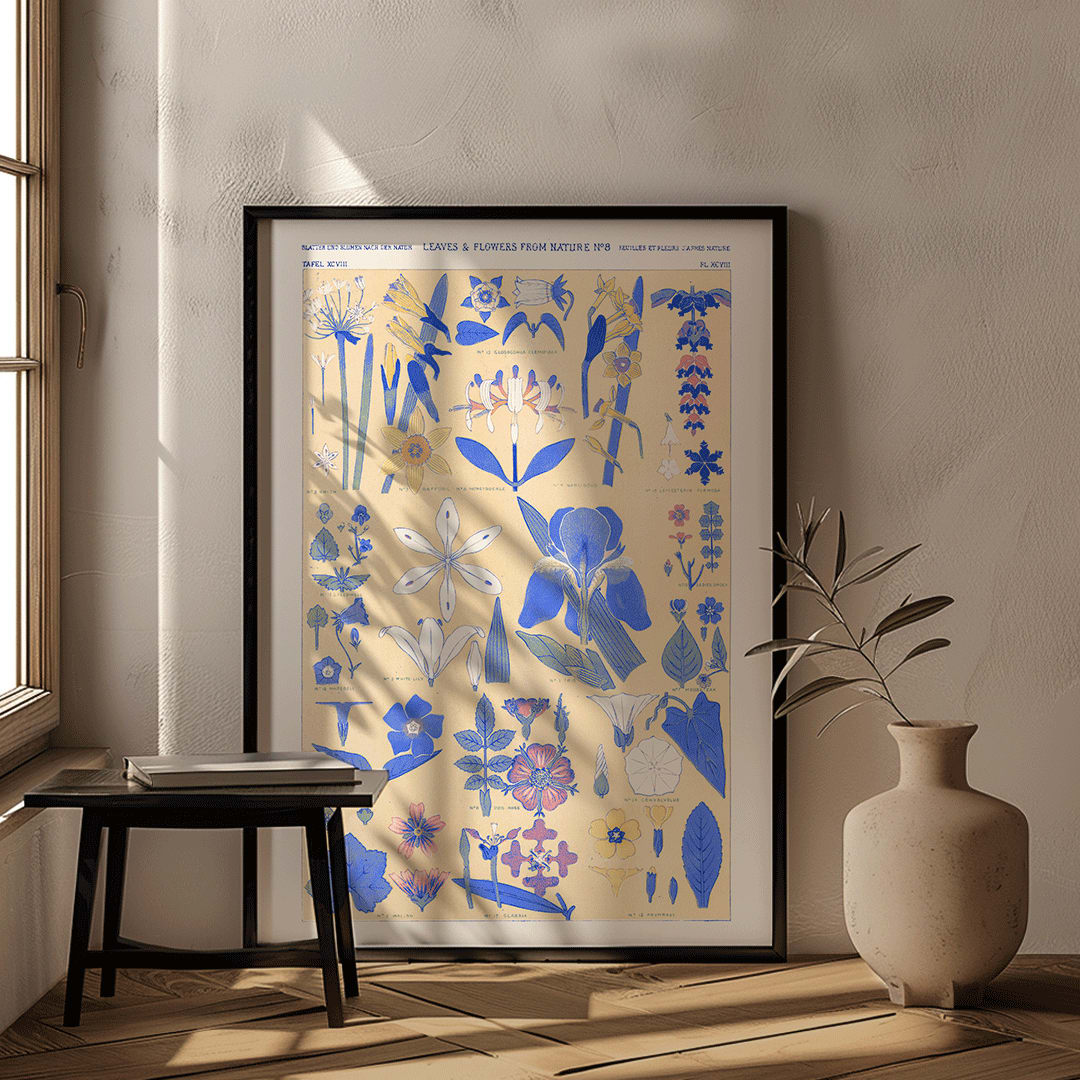 Blue set of leaves and flowers by Owen Jones botanical illustration poster featuring blue and yellow flowers and leaves, framed and displayed in home decor