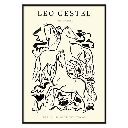 Three Horses by Leo Gestel black and white illustration of three horses in dynamic poses poster, with black aluminium frame on white background