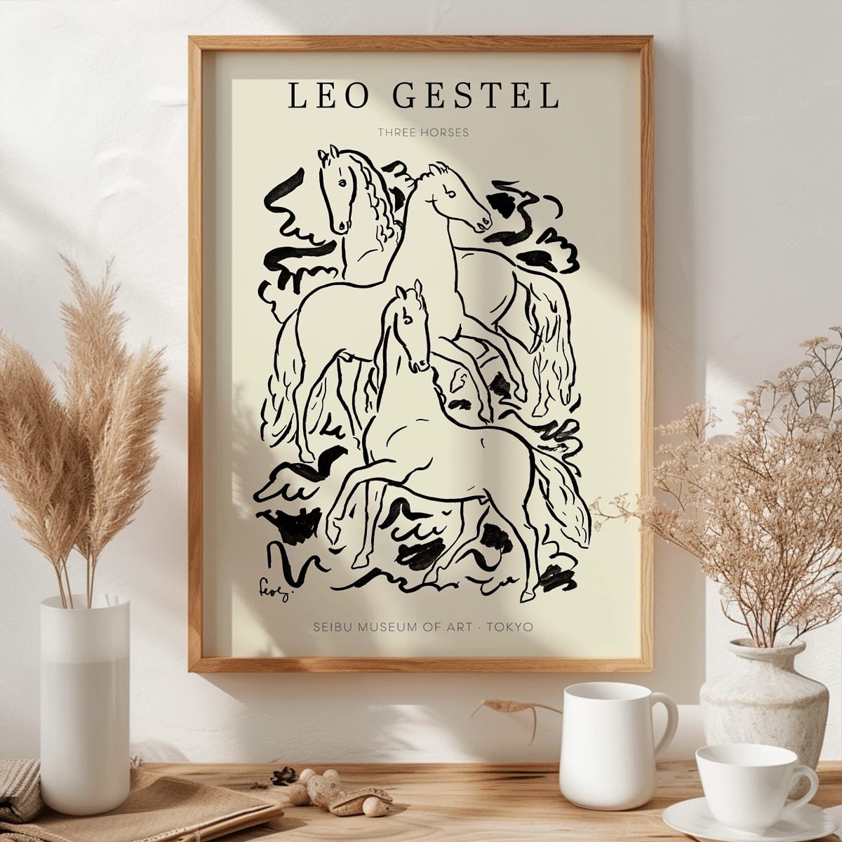 Three Horses by Leo Gestel black and white illustration of three horses in dynamic poses poster, framed and displayed in modern living room decor