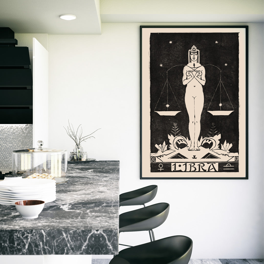 Art Nouveau Libra zodiac sign illustration by Henri van der Stok featuring a woman holding balanced scales and stars, framed and displayed in home decor