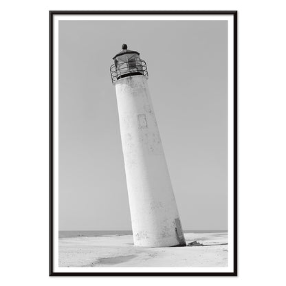 Cape Saint George Lighthouse poster featuring a tilted lighthouse on a sandy beach in Apalachicola Franklin County Florida, with black aluminium frame on white background