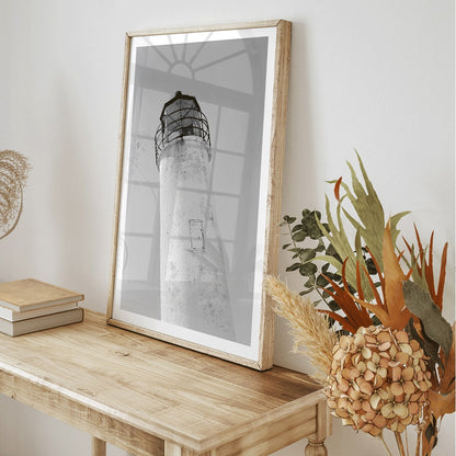 Cape Saint George Lighthouse in Apalachicola Franklin County FL black and white photo and poster titled Cape St George Lighthouse, framed and displayed in home decor