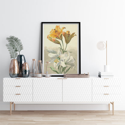 Yellow and white lilies botanical art by Willem van Leen poster floral artwork illustration, framed and displayed in home decor