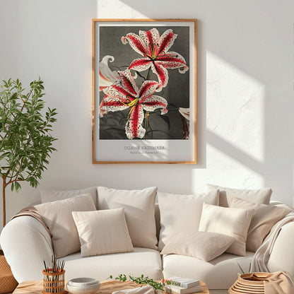 Hand colored collotype of lily flowers by Kazumasa Ogawa from Some Japanese Flowers poster, framed and displayed in home decor