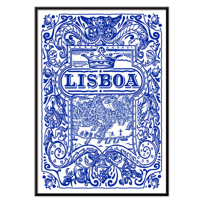 Artistic depiction and poster of Lisbon cityscape in blue and white azulejos with ornate designs titled Lisbon Azulejo Blue painted tile 2, with black aluminium frame on white background