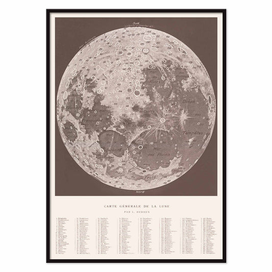 Lucien Rudaux General Map of the Moon poster with labeled lunar globe and craters in vintage monochrome scientific style, with black aluminium frame on white background