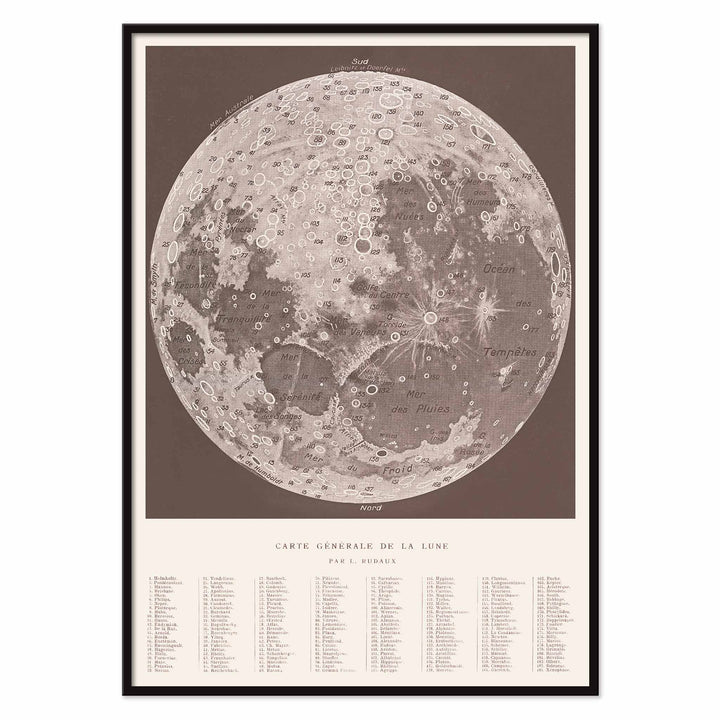 Lucien Rudaux General Map of the Moon poster with labeled lunar globe and craters in vintage monochrome scientific style, with black aluminium frame on white background