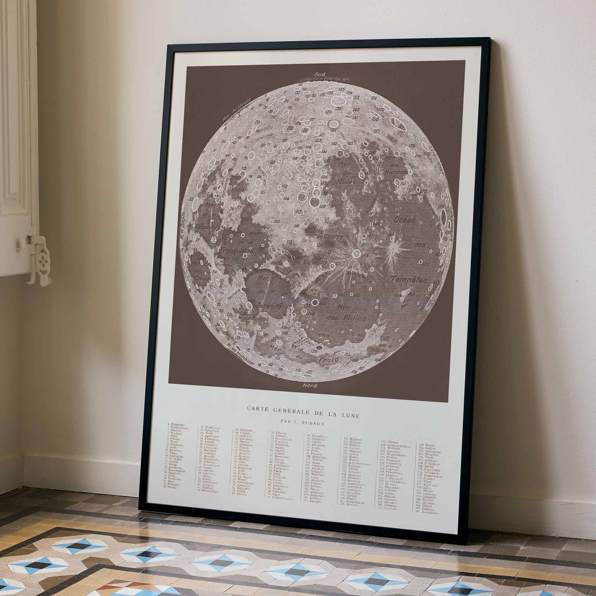 Lucien Rudaux General Map of the Moon poster with labeled lunar globe and craters in vintage monochrome scientific style, with wooden magnetic frame on white background