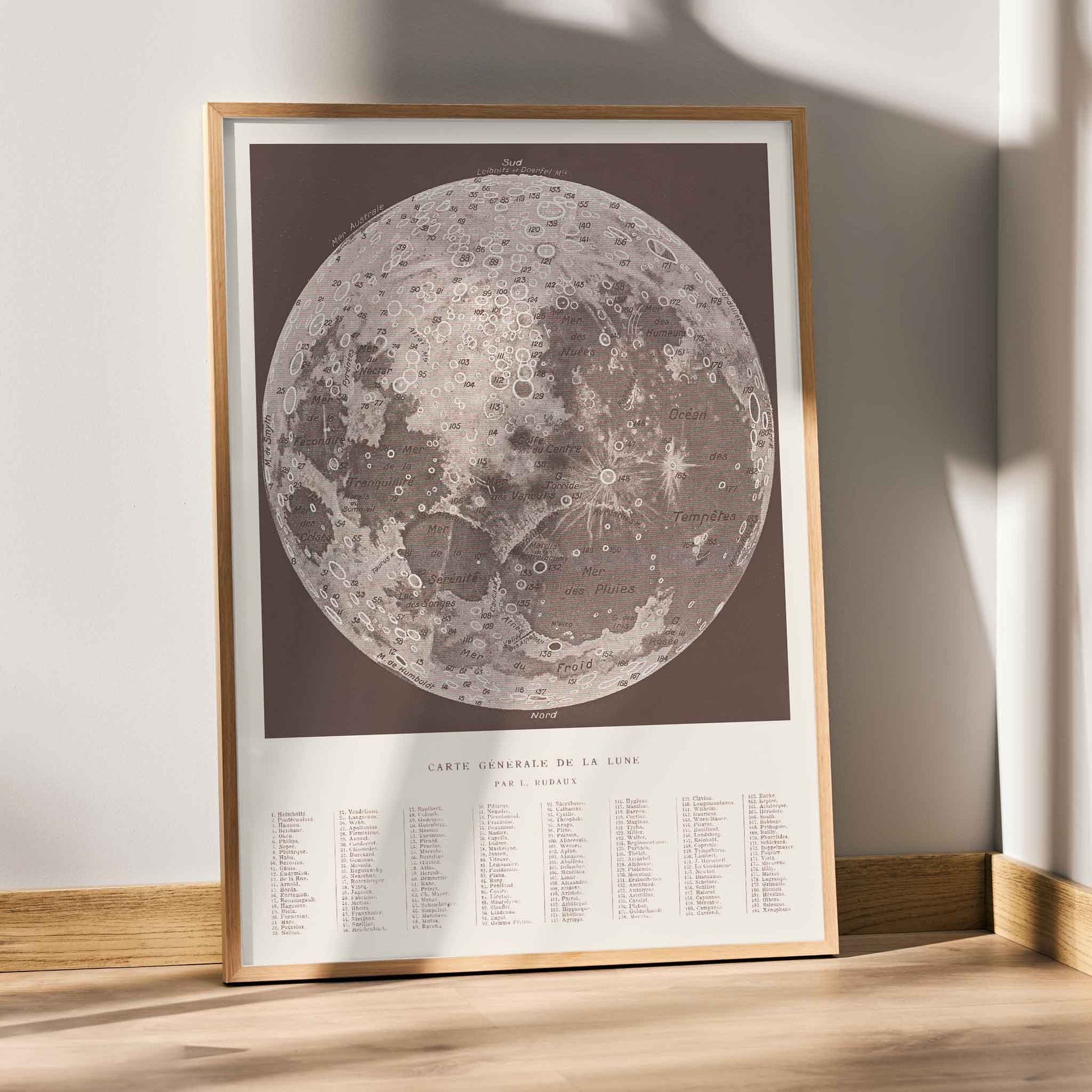 Lucien Rudaux General Map of the Moon poster with labeled lunar globe and craters in vintage monochrome scientific style, framed and displayed in modern living room decor