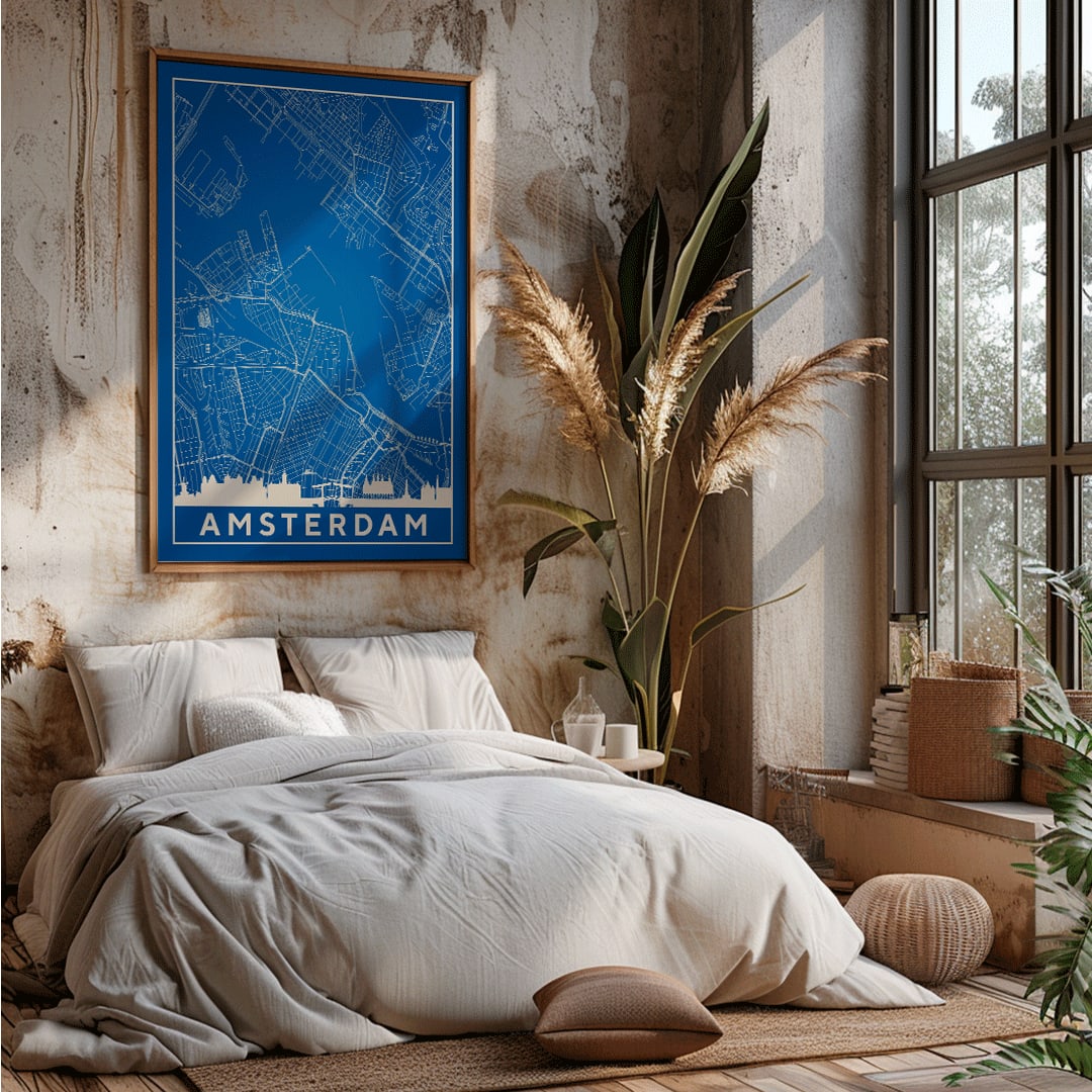 Amsterdam minimalist map artwork poster in blue and white showing detailed city streets and waterways, framed and displayed in home decor