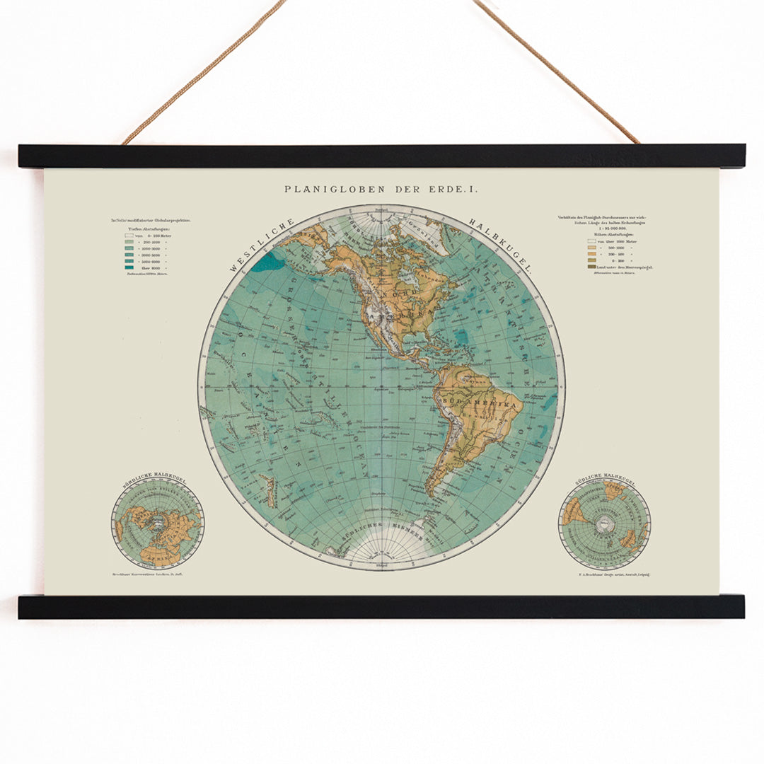 Vintage world map artwork and detailed continents poster Planiglobes of the Earth I by The Institute of Liepzig, with wooden magnetic frame on white background