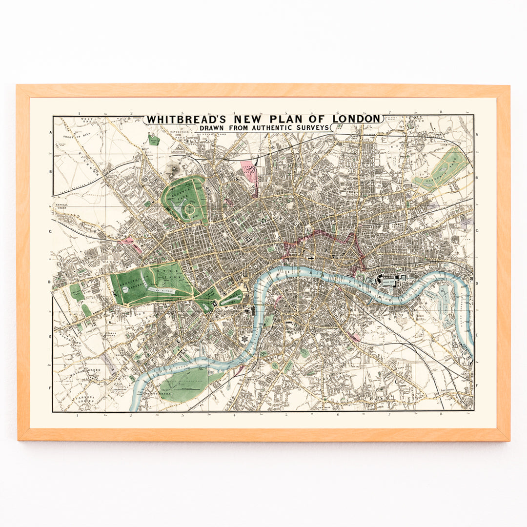 Closeup detail of Vintage map of London by J Whitbread titled Whitbreads new plan of London showing streets and parks