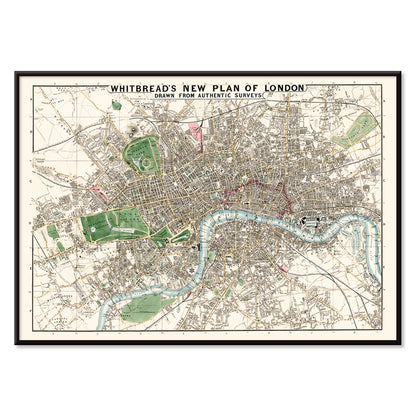 Vintage map of London by J Whitbread titled Whitbreads new plan of London showing streets and parks, with black aluminium frame on white background