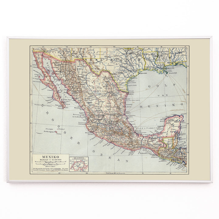 Closeup detail of Antique map of Mexico by Institute of Liepzig detailed geographic illustration showing regions and borders German antique map poster