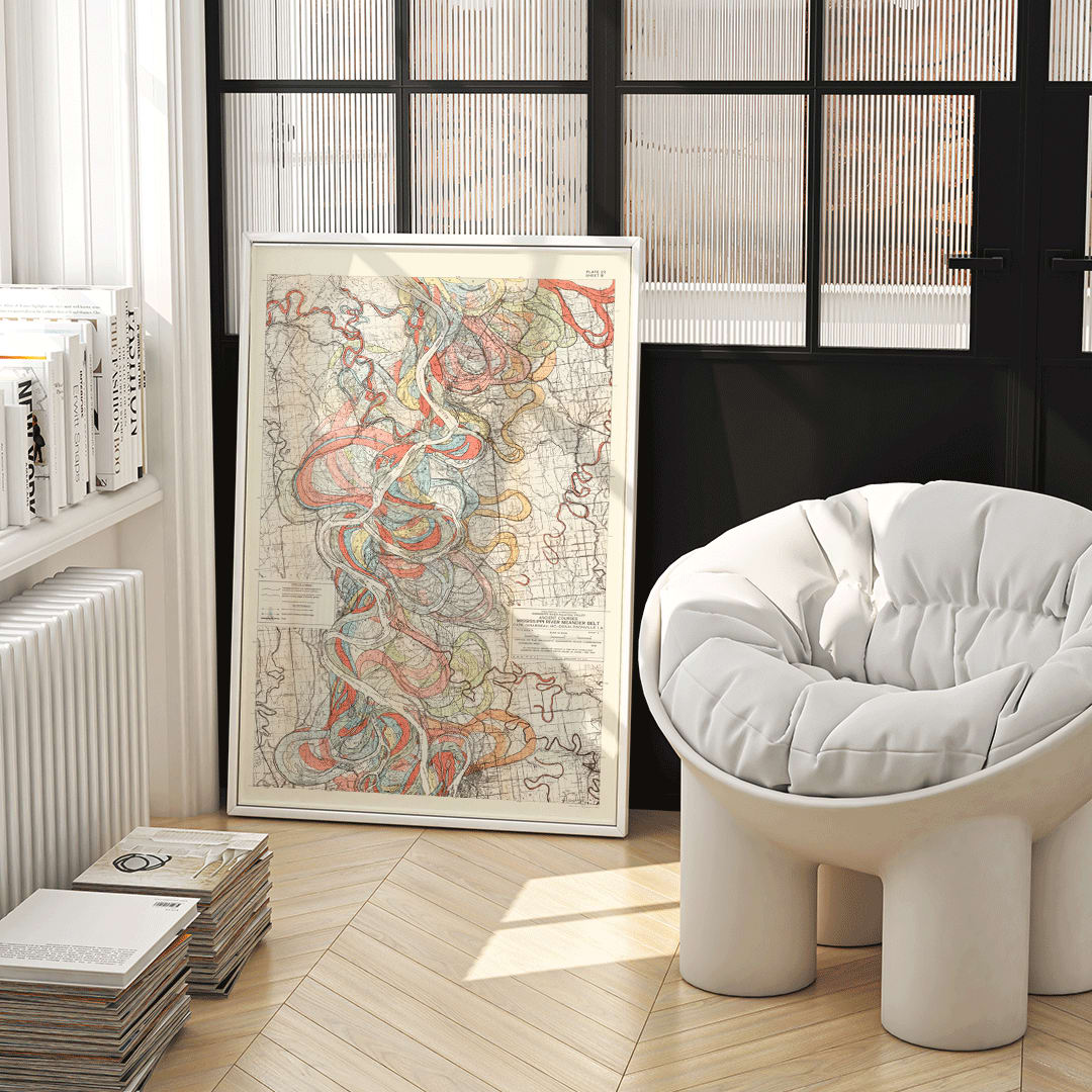 Colorful topographic map poster of the Mississippi River by Harold Fisk titled Ancient Courses of the Mississippi River showing historic colorful swirls and paths, framed and displayed in home decor