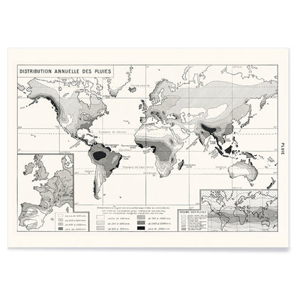 Black and white world map poster illustrating annual rainfall distribution patterns wall art, with black aluminium frame on white background