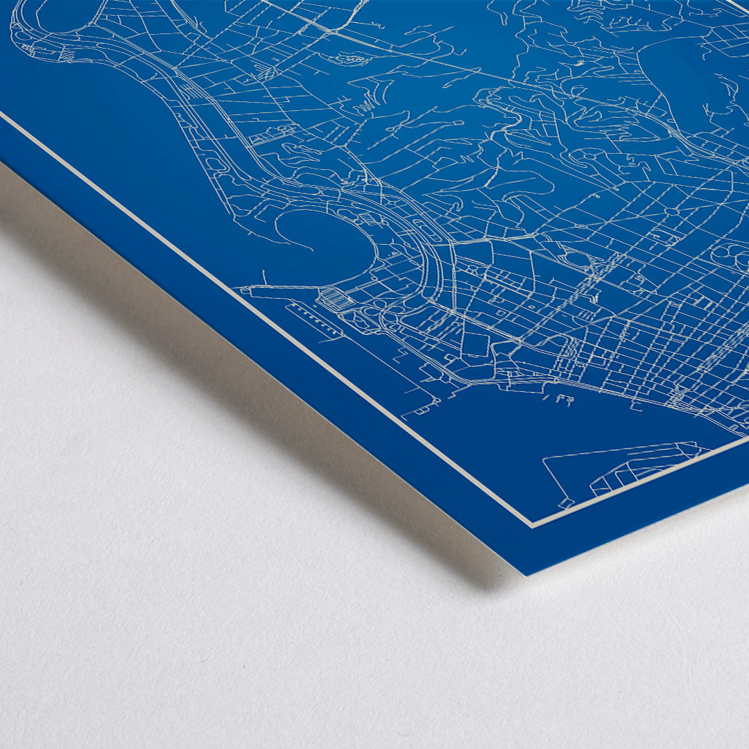 Closeup detail of Minimalist blue and white Rio de Janeiro map poster by Moryarty featuring detailed street lines and city skyline silhouette