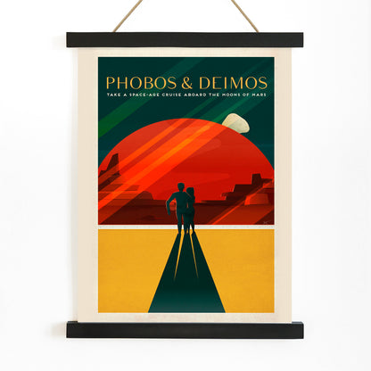 Couple walking toward red Mars landscape with moons Phobos and Deimos by SpaceX in retro style poster, with wooden magnetic frame on white background