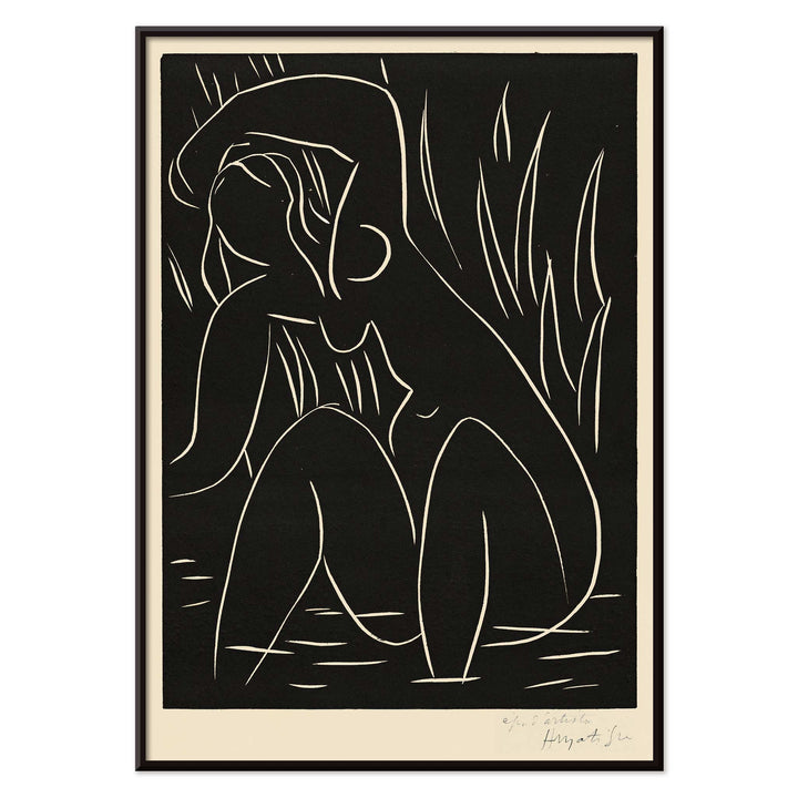 Henri Matisse The Afternoon poster minimalist black line figure on dark background with white contours and vertical strokes, with black aluminium frame on white background