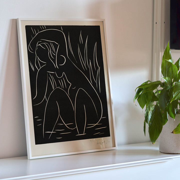 Henri Matisse The Afternoon poster minimalist black line figure on dark background with white contours and vertical strokes, framed and displayed in modern living room decor