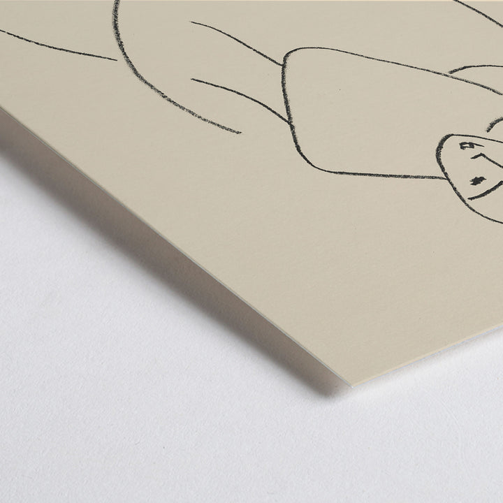 Closeup detail of Henri Matisse Vierge et enfant poster minimalist mother and child line drawing in black on beige paper
