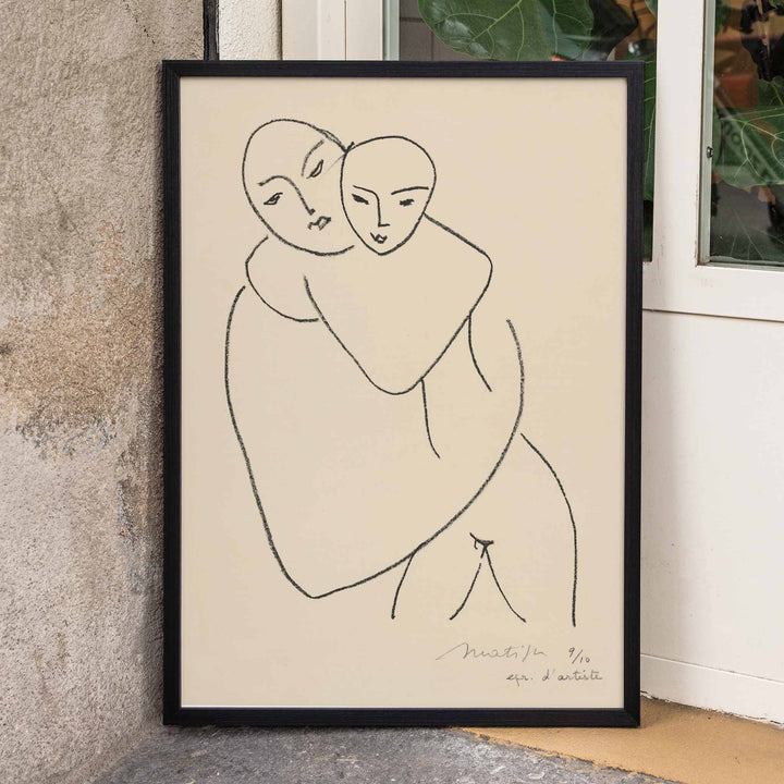 Henri Matisse Vierge et enfant poster minimalist mother and child line drawing in black on beige paper, framed and displayed in home decor