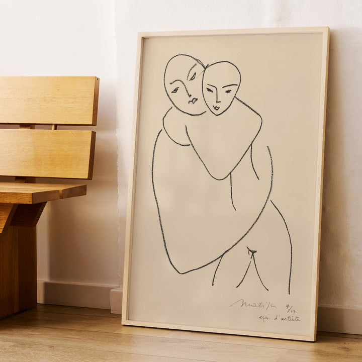 Henri Matisse Vierge et enfant poster minimalist mother and child line drawing in black on beige paper, framed and displayed in modern living room decor