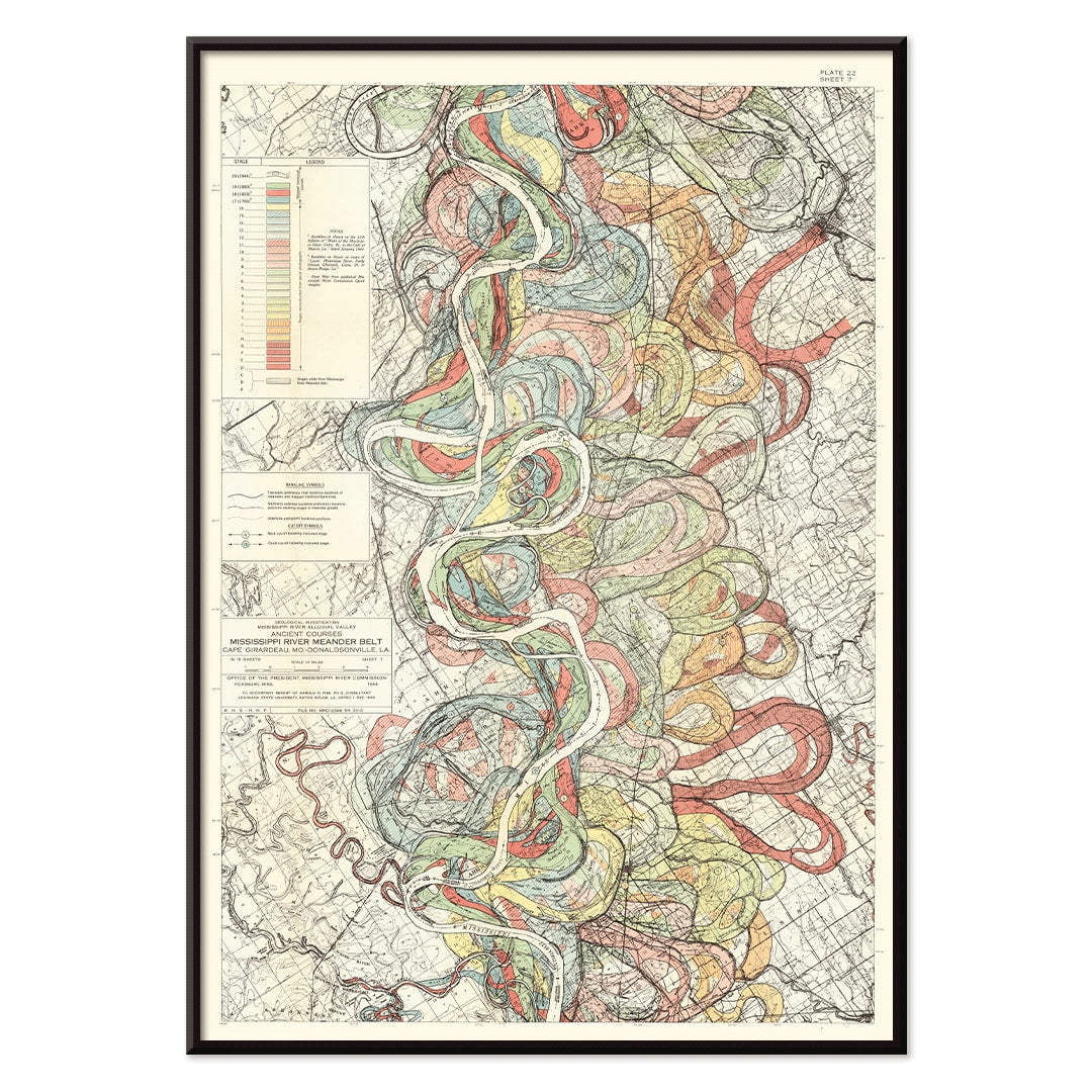 Colorful poster map of the Mississippi River by Harold Fisk titled Alluvial Valley of the Mississippi River showing historical meanders and vibrant river patterns, with black aluminium frame on white background