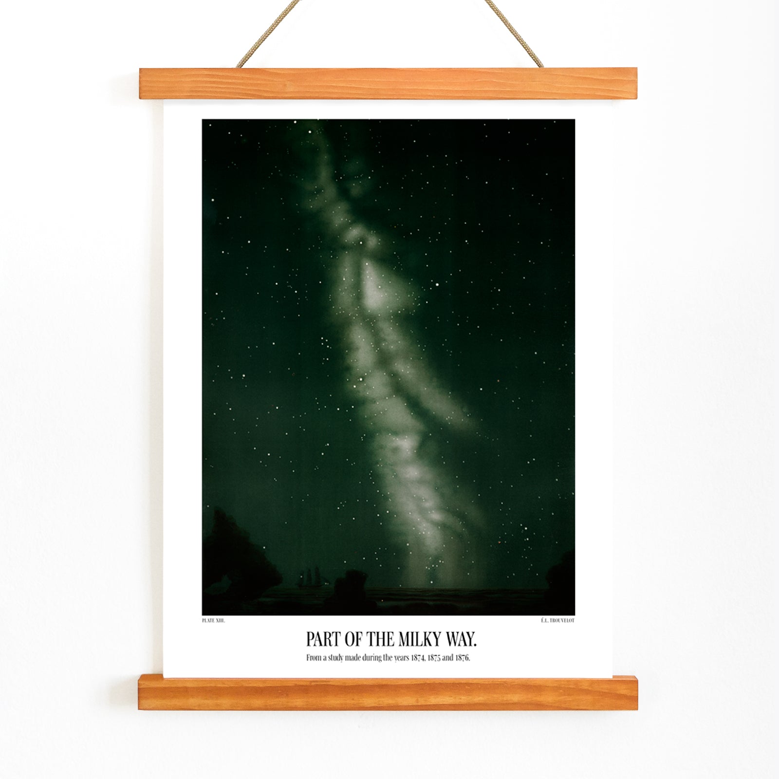 Starry night sky with the Milky Way by E L Trouvelot poster titled Part of the Milky Way, with wooden magnetic frame on white background