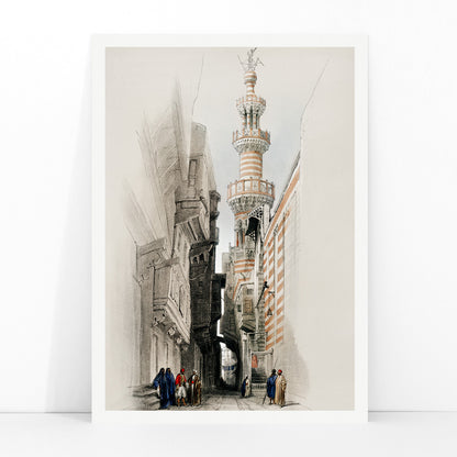 Minaret of the mosque The Rhamree with people in traditional attire street view and poster artwork by David Roberts, framed and displayed in modern living room decor