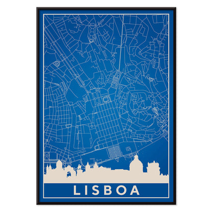 Minimalist Lisbon Map artwork in blue and white showing city map skyline and landmarks silhouette poster, with black aluminium frame on white background