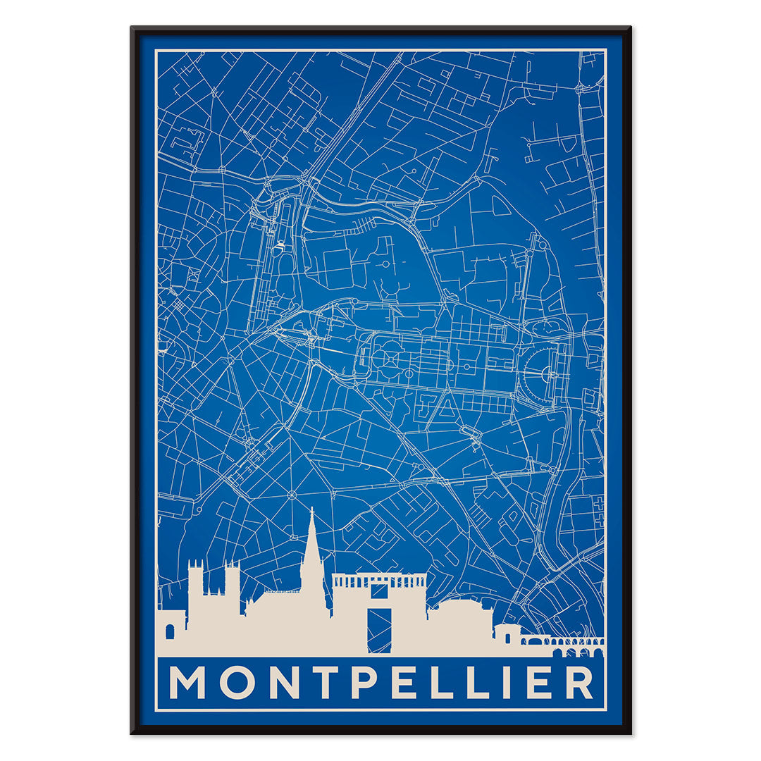 Minimalist map art print and detailed blue and white poster of Montpellier with city landmarks by Minimalist Montpellier Map, with black aluminium frame on white background