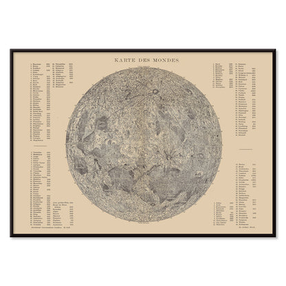 Detailed lunar surface illustration and poster with labeled features titled Map of the Moon by The Institute of Liepzig artwork, with black aluminium frame on white background