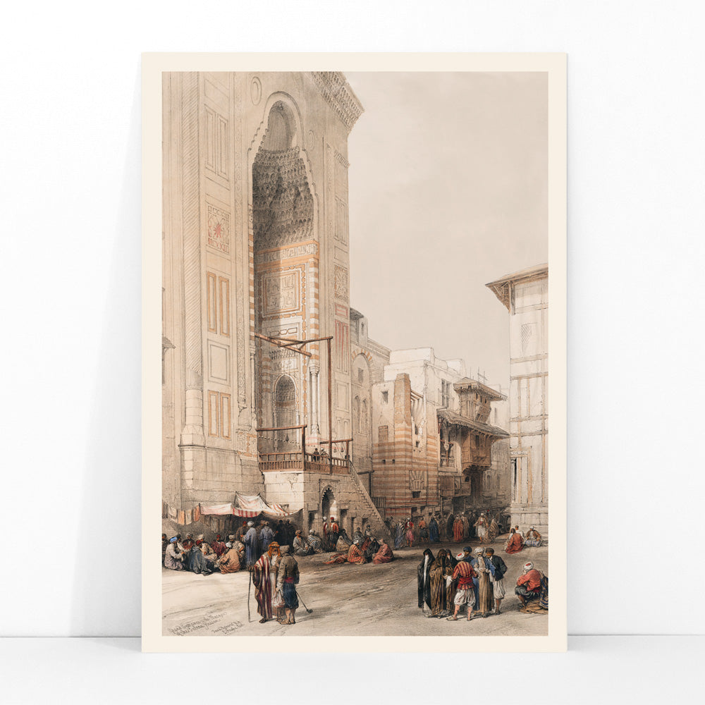 People gathered outside the grand entrance to the Mosque of the Sultan Hassan artwork and poster by David Roberts, framed and displayed in modern living room decor