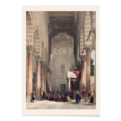 Interior of the mosque of the Metwalys by David Roberts with architectural details and people gathered inside grand hall poster, with black aluminium frame on white background