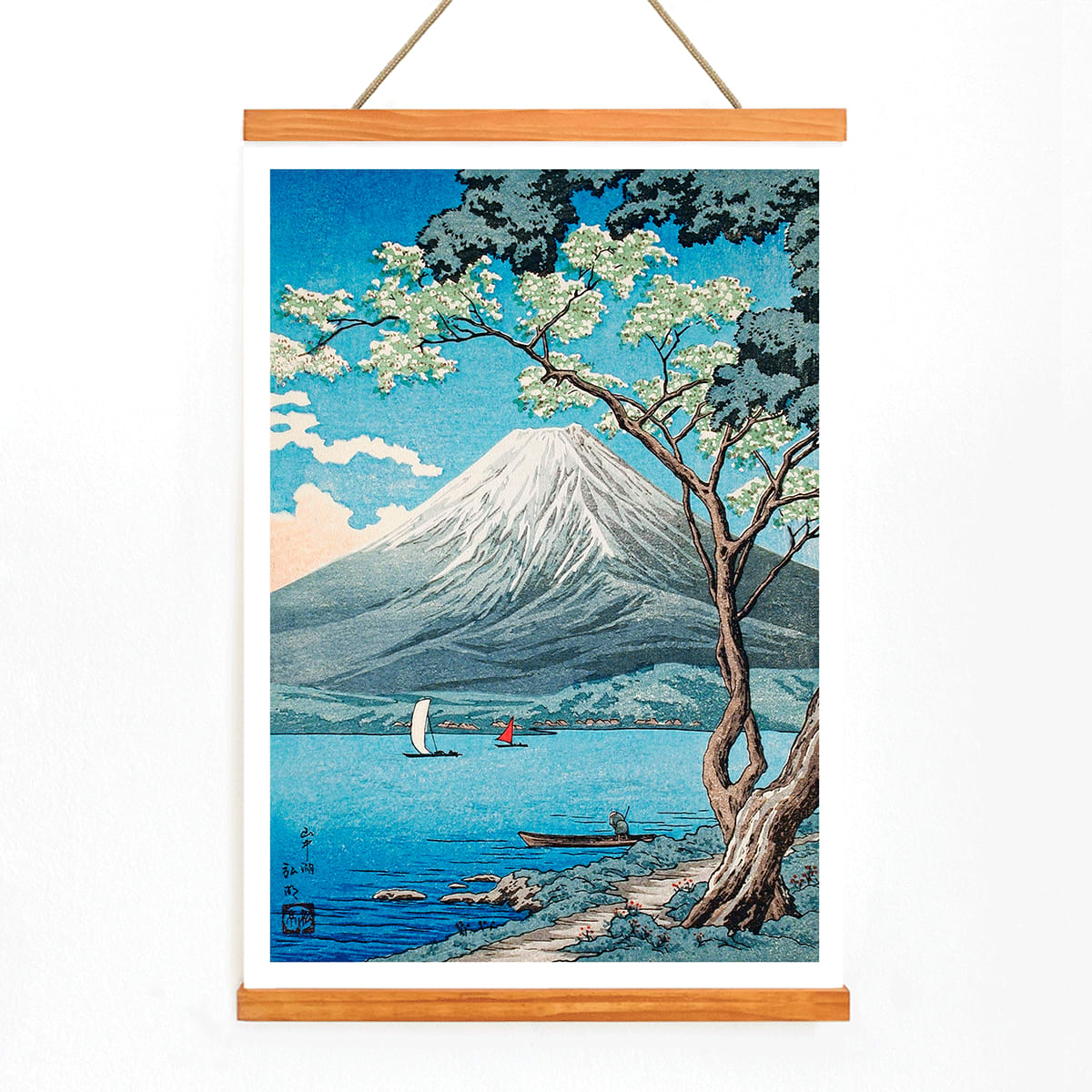 Mount Fuji from Lake Yamanaka by Hiroaki Takahashi with sailboats blue water and a tree in the foreground Japanese artwork poster, with wooden magnetic frame on white background