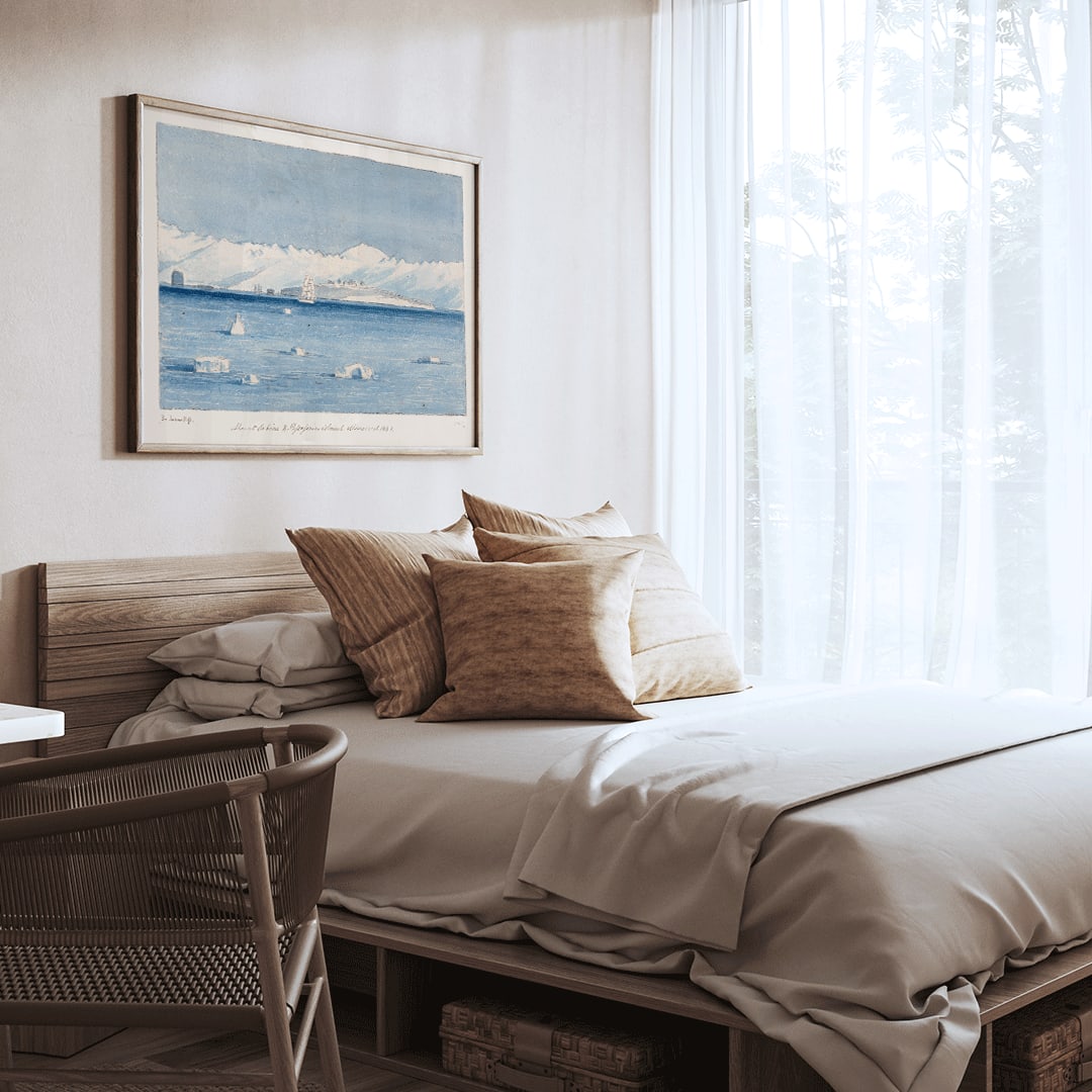 Mount Sabine and Possessions Island painting and poster by Charles Hamilton Smith showing icy waters a ship and distant mountains, framed and displayed in home decor