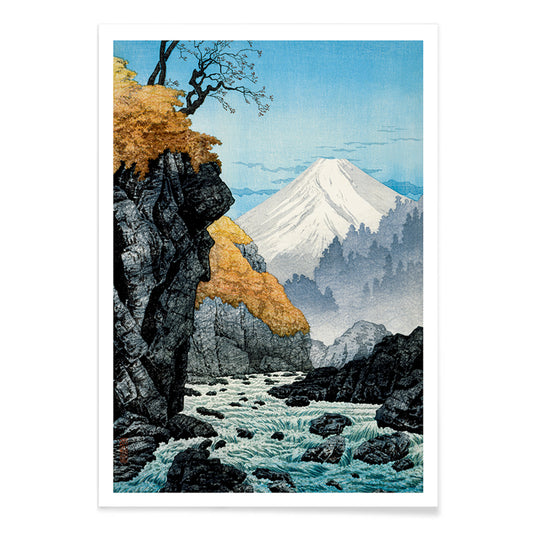 Mountain landscape with river autumn trees and rocky cliffs at Foot of Mount Ashitaka by Hiroaki Takahashi poster, with black aluminium frame on white background
